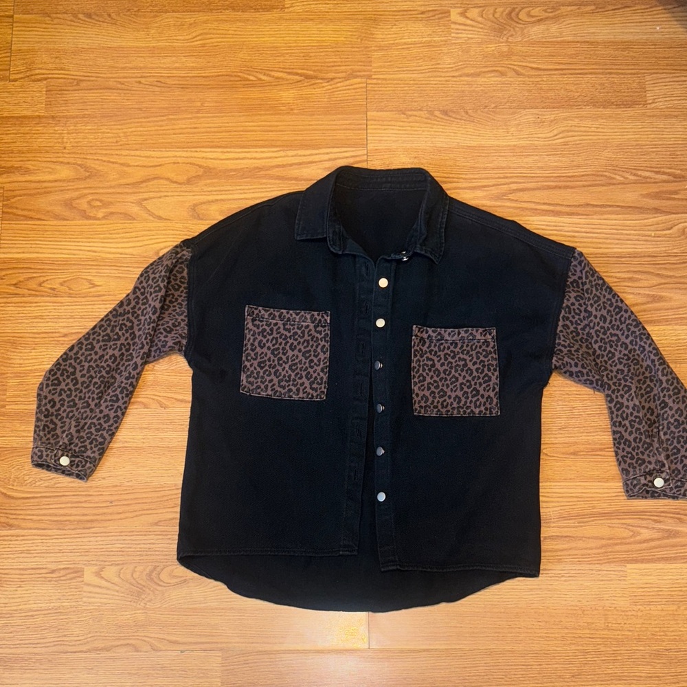Black and Leopard/Cheetah Print Denim Jacket/Button-Up
